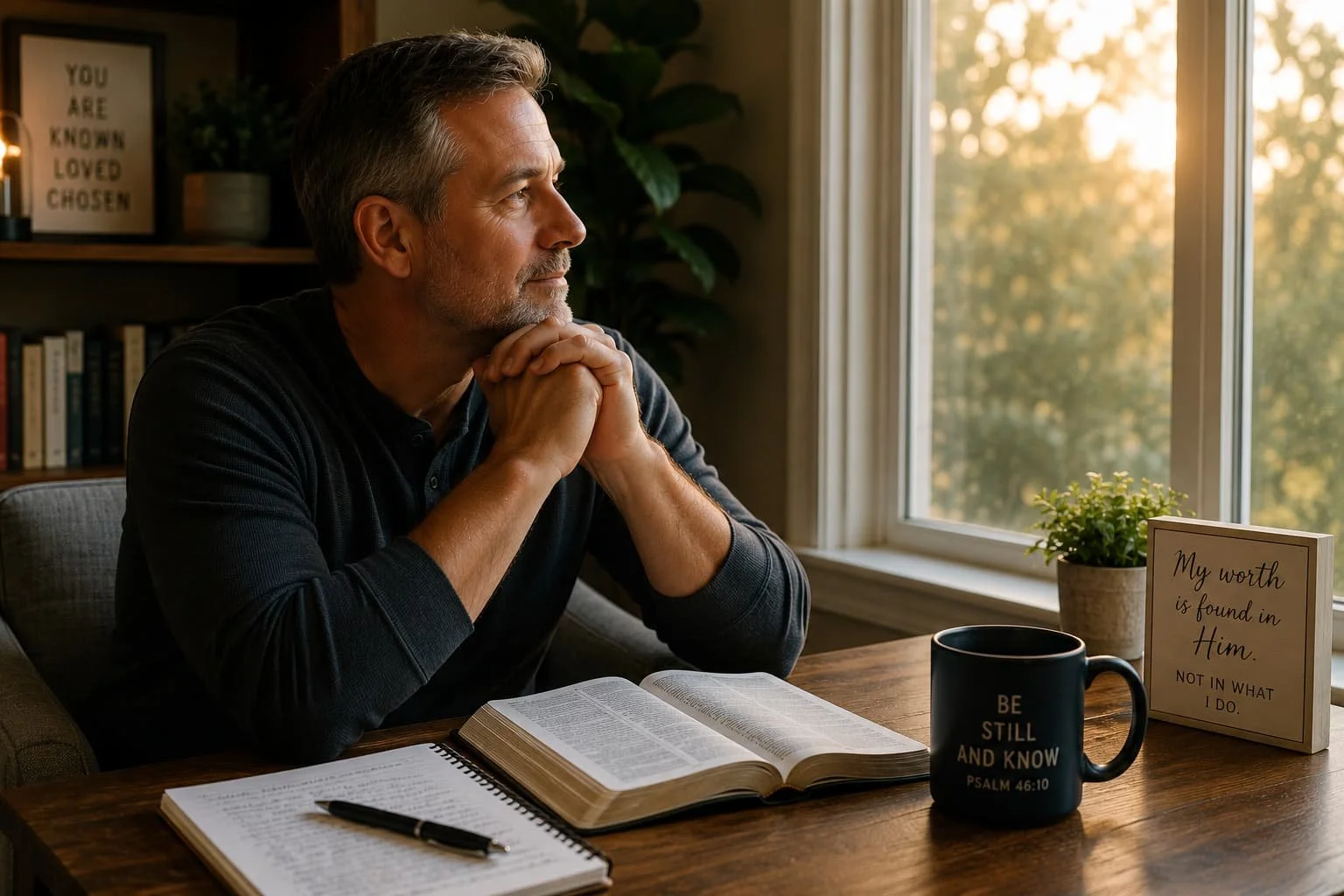 Open Bible and journal resting beside a cup of coffee in soft morning light, symbolizing peace, reflection, and identity rooted beyond performance.