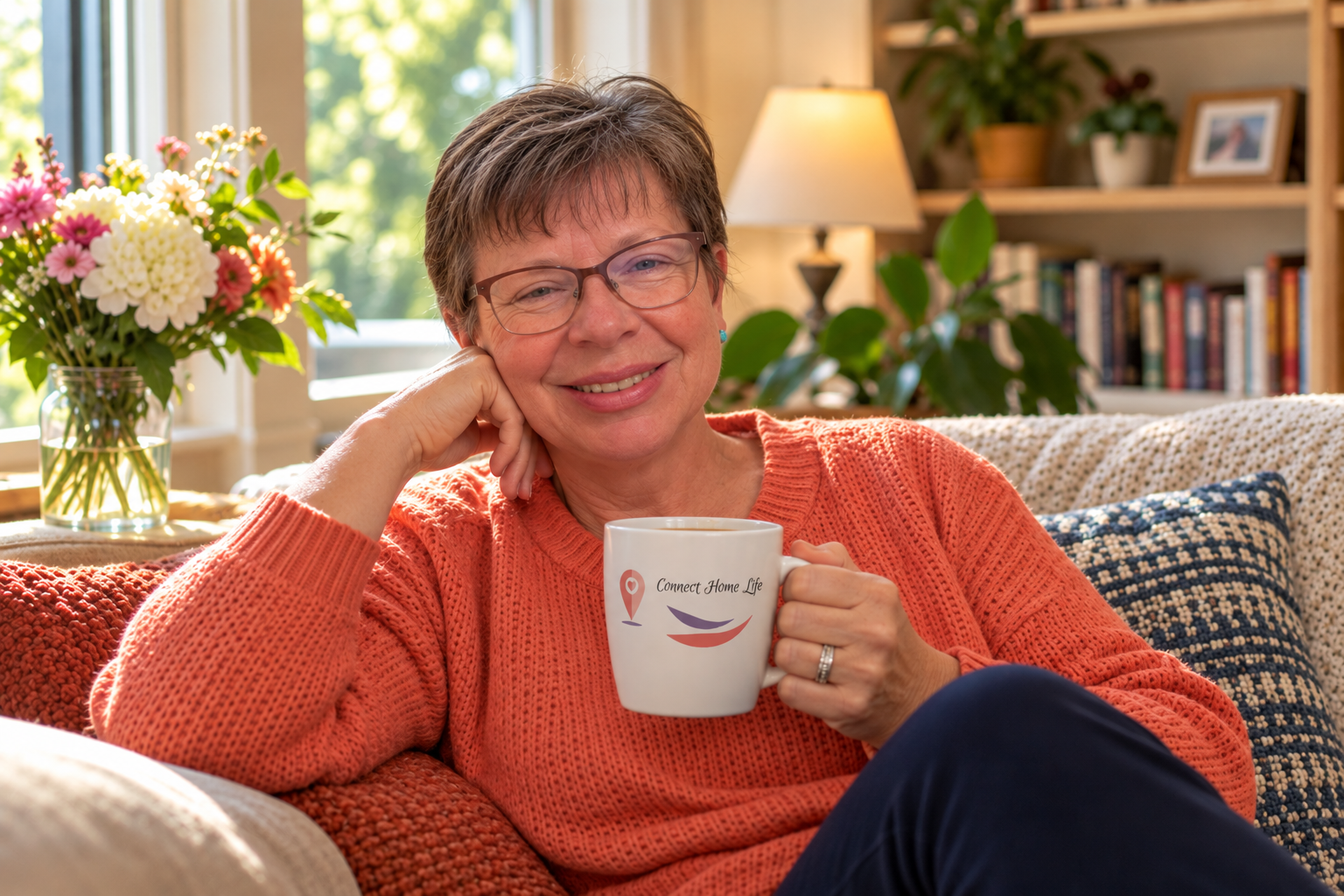 | Jo Wilhelm relaxing on a sofa in an orange sweater, holding a Connect Home Life mug in a cozy living room.