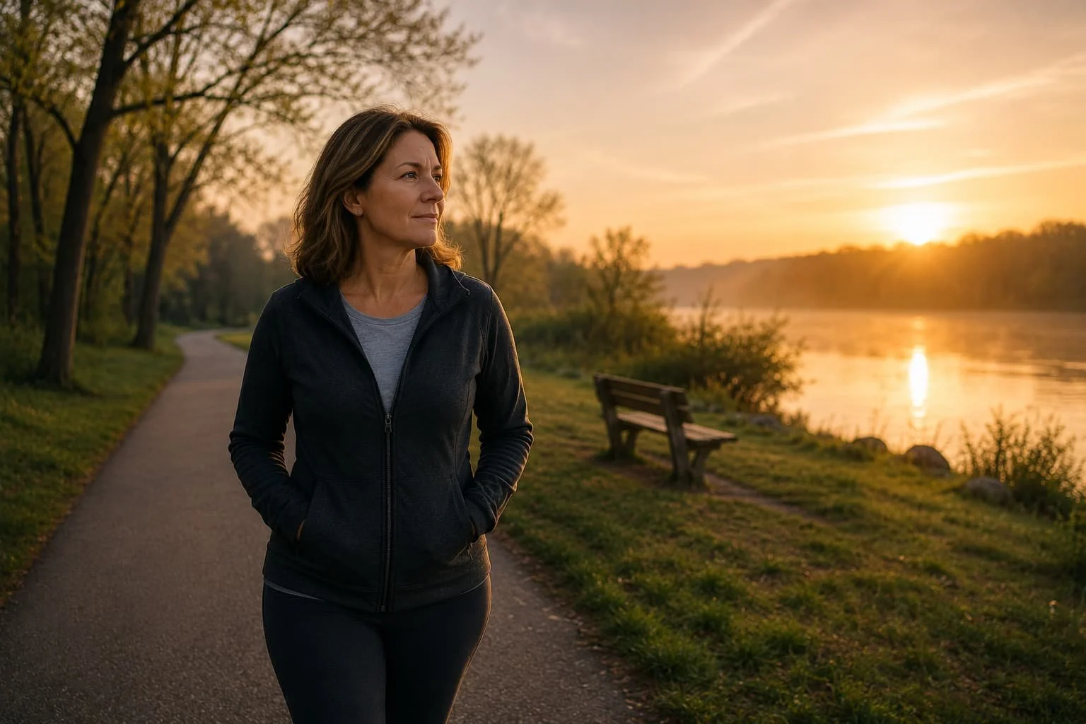 Professional woman walking peacefully at sunrise during a season of healing, reflection, and rediscovering identity beyond performance.