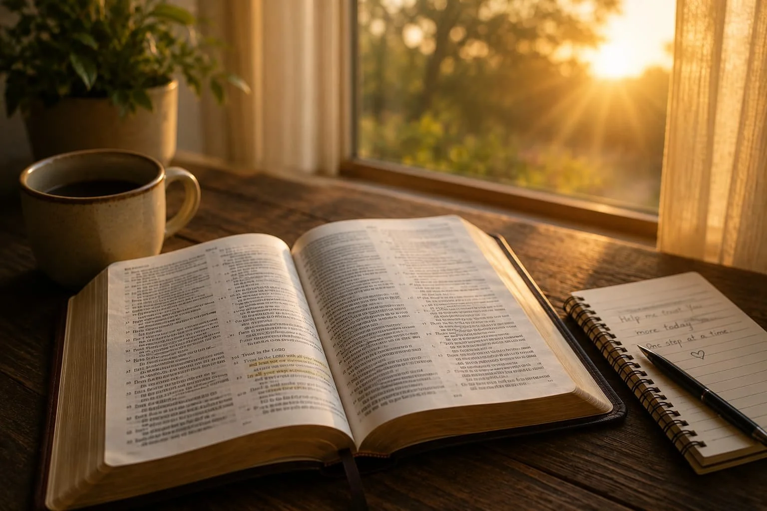 Open Bible, coffee, and journal resting near a softly lit morning window, creating a peaceful atmosphere of reflection, surrender, and quiet trust during a season of emotional healing.