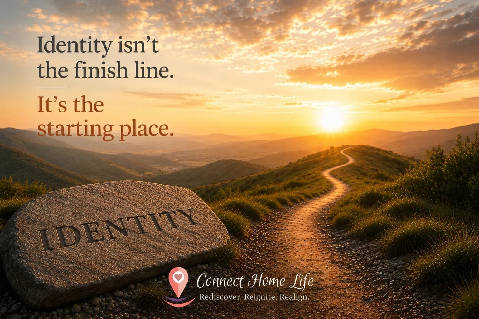 A sunrise illuminates a winding path beginning beside a stone engraved with "Identity," symbolizing that identity in Christ is the foundation from which a life of faith and purpose begins.
