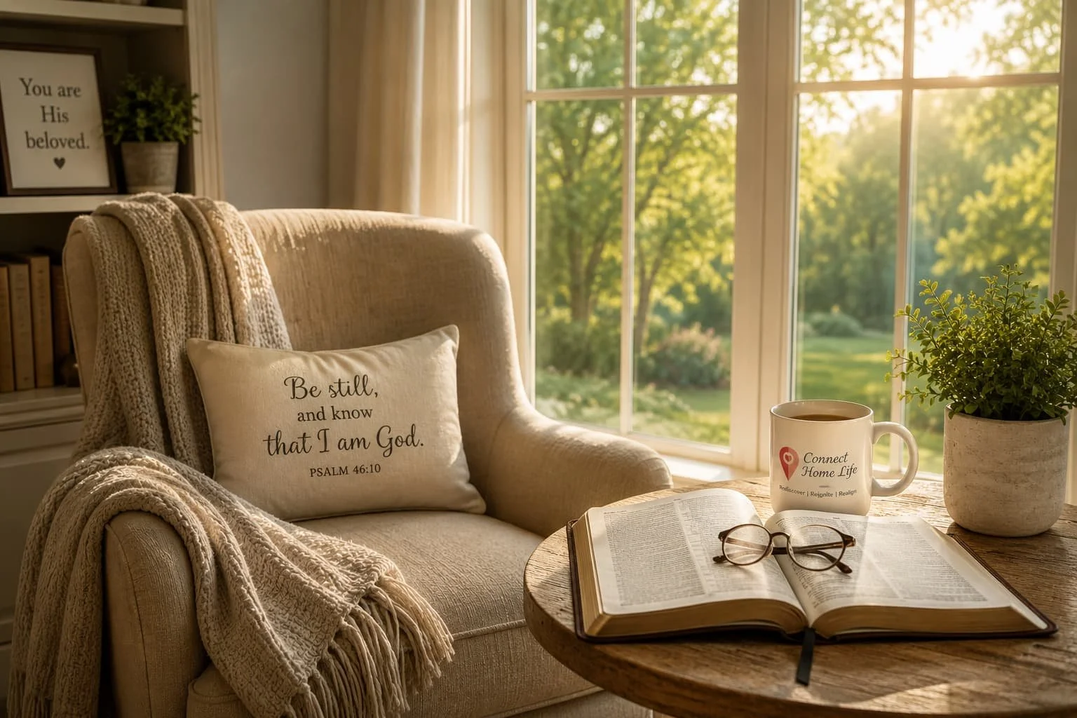 Comfortable chair beside a window with an open Bible and reading glasses, inviting quiet time with God as the foundation for living from a secure identity in Christ.