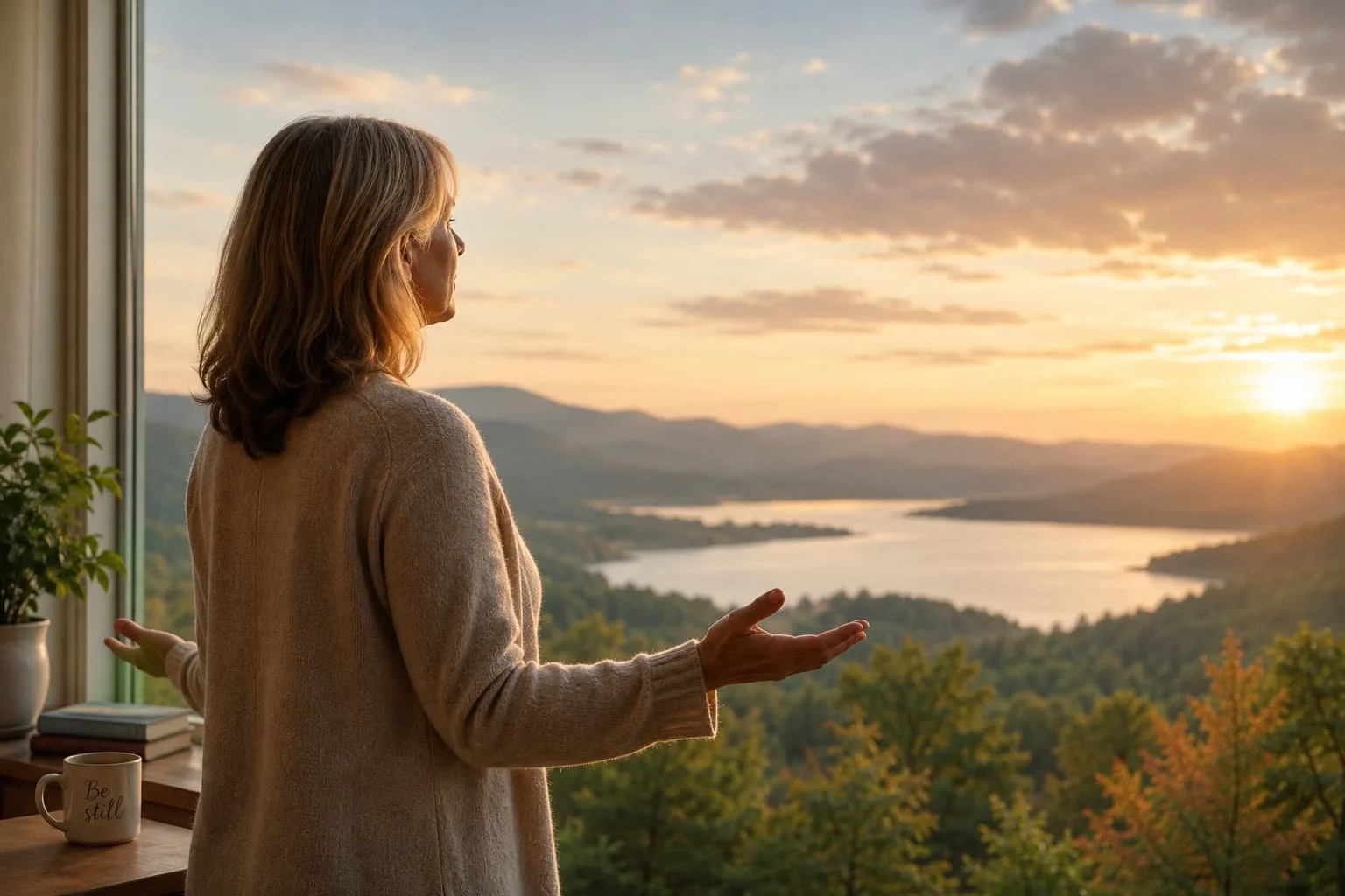 Middle-aged woman standing with open hands near a window overlooking a peaceful landscape at sunrise, symbolizing trust, surrender, and releasing control during the empty nest season.