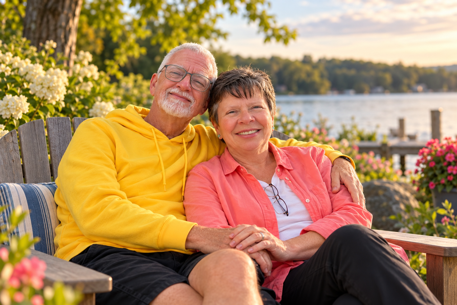 Jo and Beecher Wilhelm sitting close together on a wooden bench surrounded by colorful flowers and greenery.