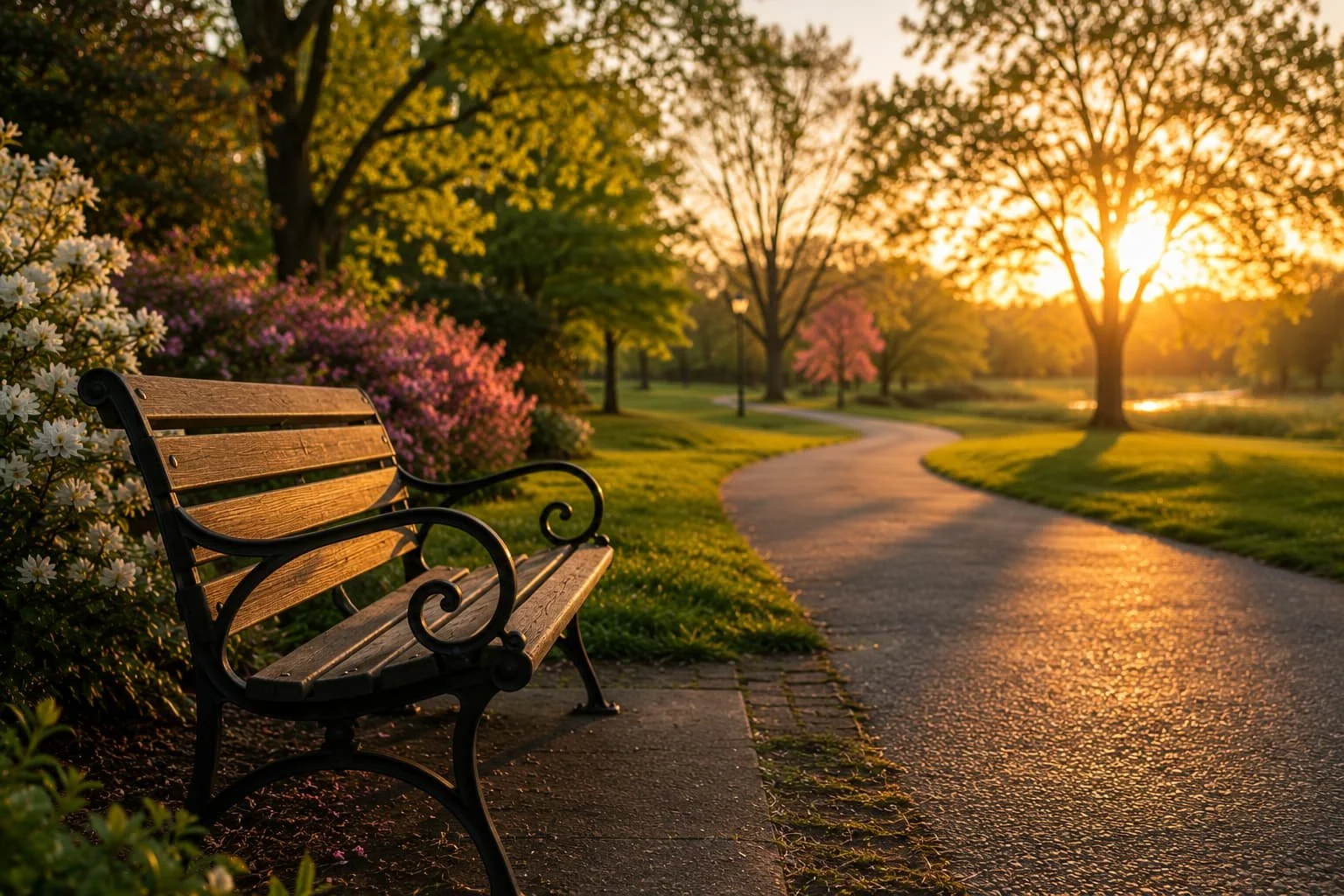 Empty park bench overlooking a peaceful walking path at sunrise, symbolizing moving beyond fear and embracing God's invitation to walk by faith into a new season.