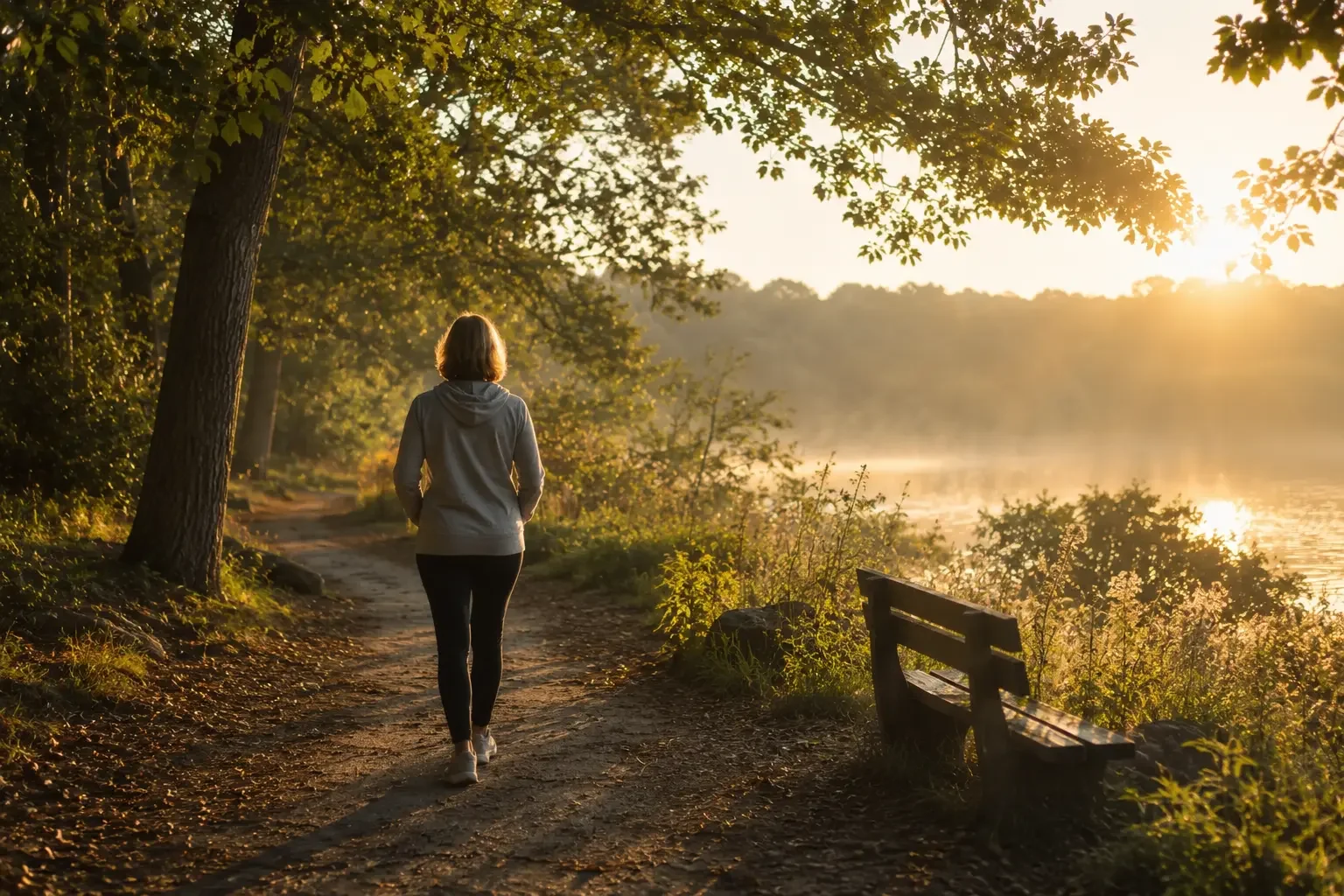 middle-aged-woman-walking-peacefully-on-morning-trail