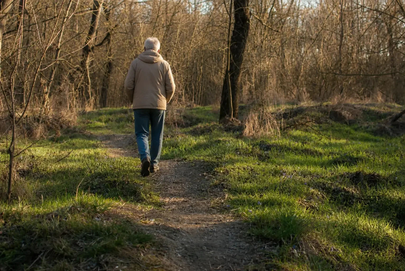 Older adult walking peacefully along a wooded trail during a season of reflection, healing, and emotional renewal.