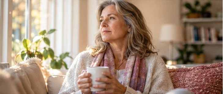 A midlife woman sits by a sunlit window in a quiet, welcoming home.