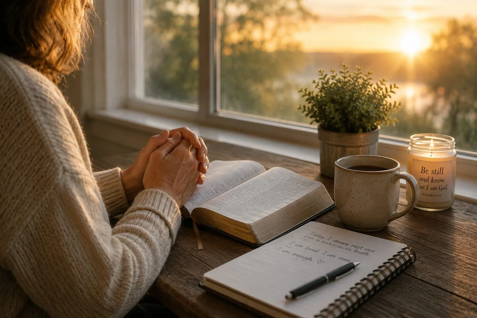 Open Bible, journal, and coffee resting beside soft morning light during a quiet season of emotional healing and spiritual grounding in the empty nest season.
