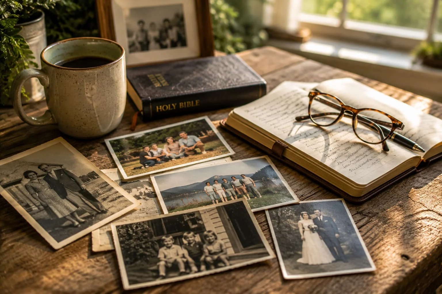 Old family photographs, a journal, reading glasses, and a coffee mug resting on a sunlit table, symbolizing reflection, legacy, and the perspective gained over a lifetime.