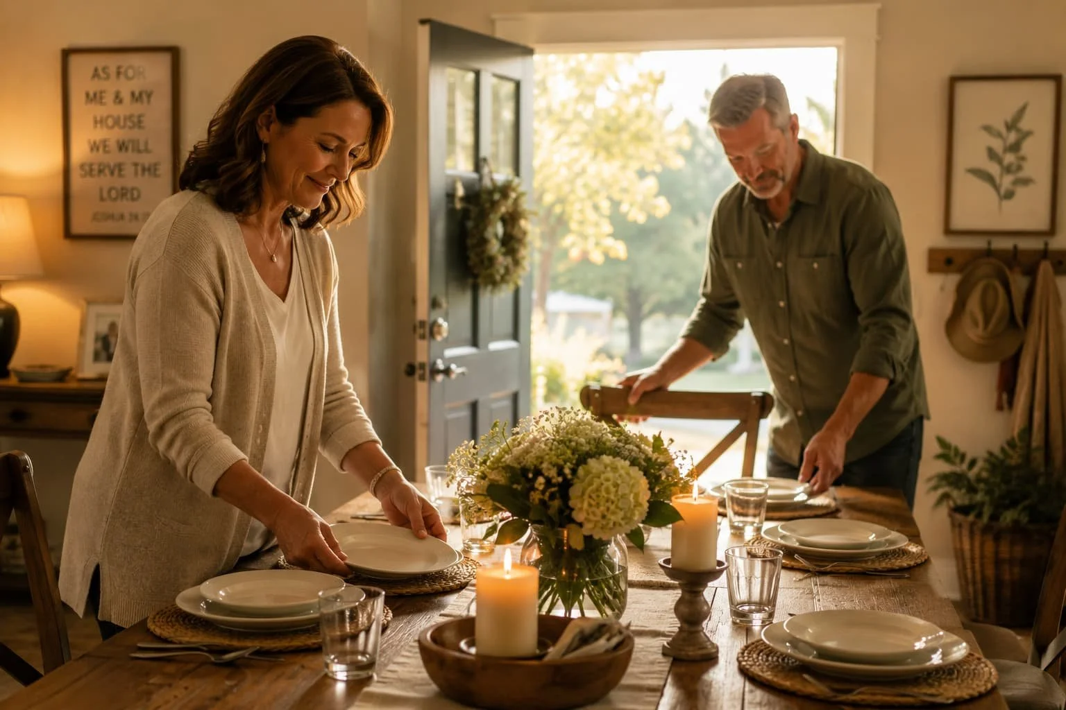 Middle-aged couple prepares a welcoming dining table with flowers and candles as sunlight streams through an open front door, symbolizing serving others from a secure identity in Christ.