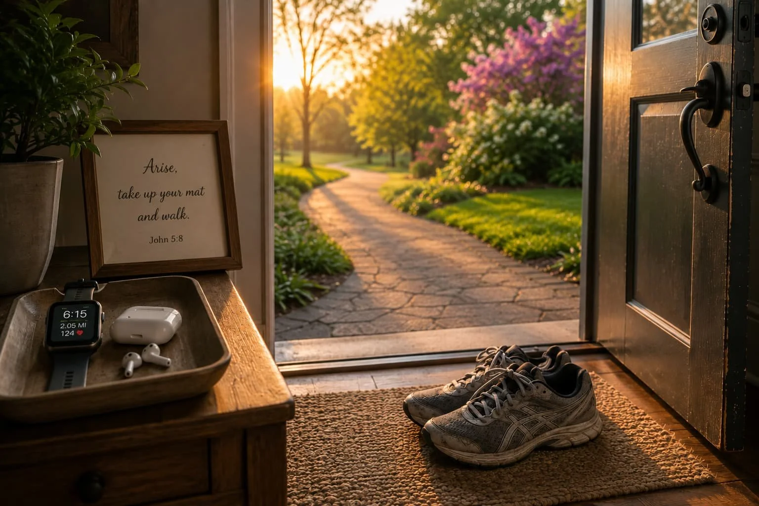 Worn running shoes beside an open front door with a smartwatch and wireless earbuds on a nearby table, overlooking a bright spring morning, symbolizing the first faithful step toward healing, renewed purpose, and overcoming fear.