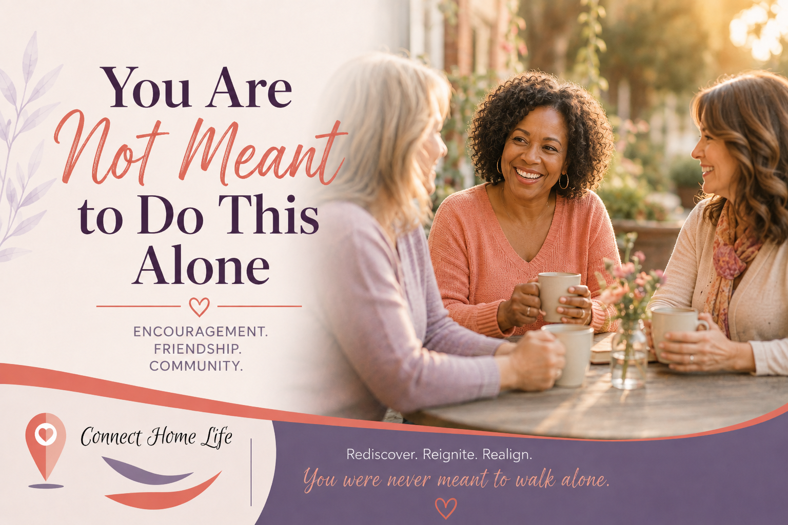 Three midlife women sharing coffee and conversation outdoors, representing friendship, encouragement, and community.