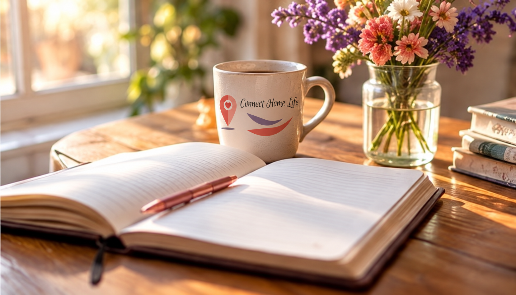 An open journal with a pen, a Connect Home Life coffee mug, and colorful flowers on a sunlit wooden table beside a window.