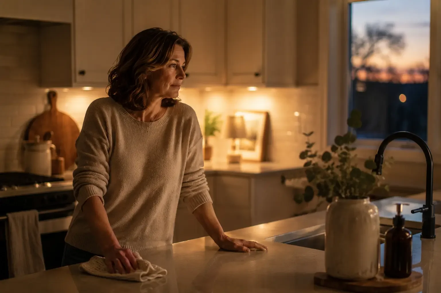 Middle-aged woman standing alone in a softly lit kitchen at dusk while thoughtfully wiping a counter, reflecting the emotional conditioning and responsibility often carried into the empty nest season.