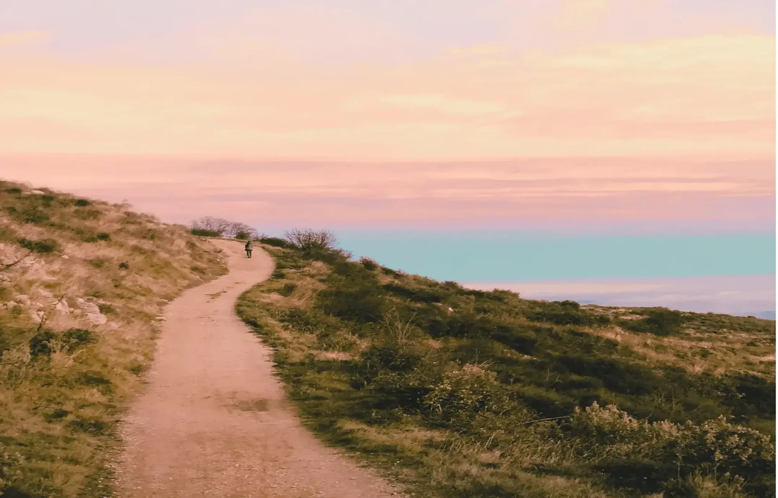 A lone person walks a winding dirt path through golden hillside grasses toward a glowing sunset sky, symbolizing the journey of rediscovering purpose in the empty nest season.