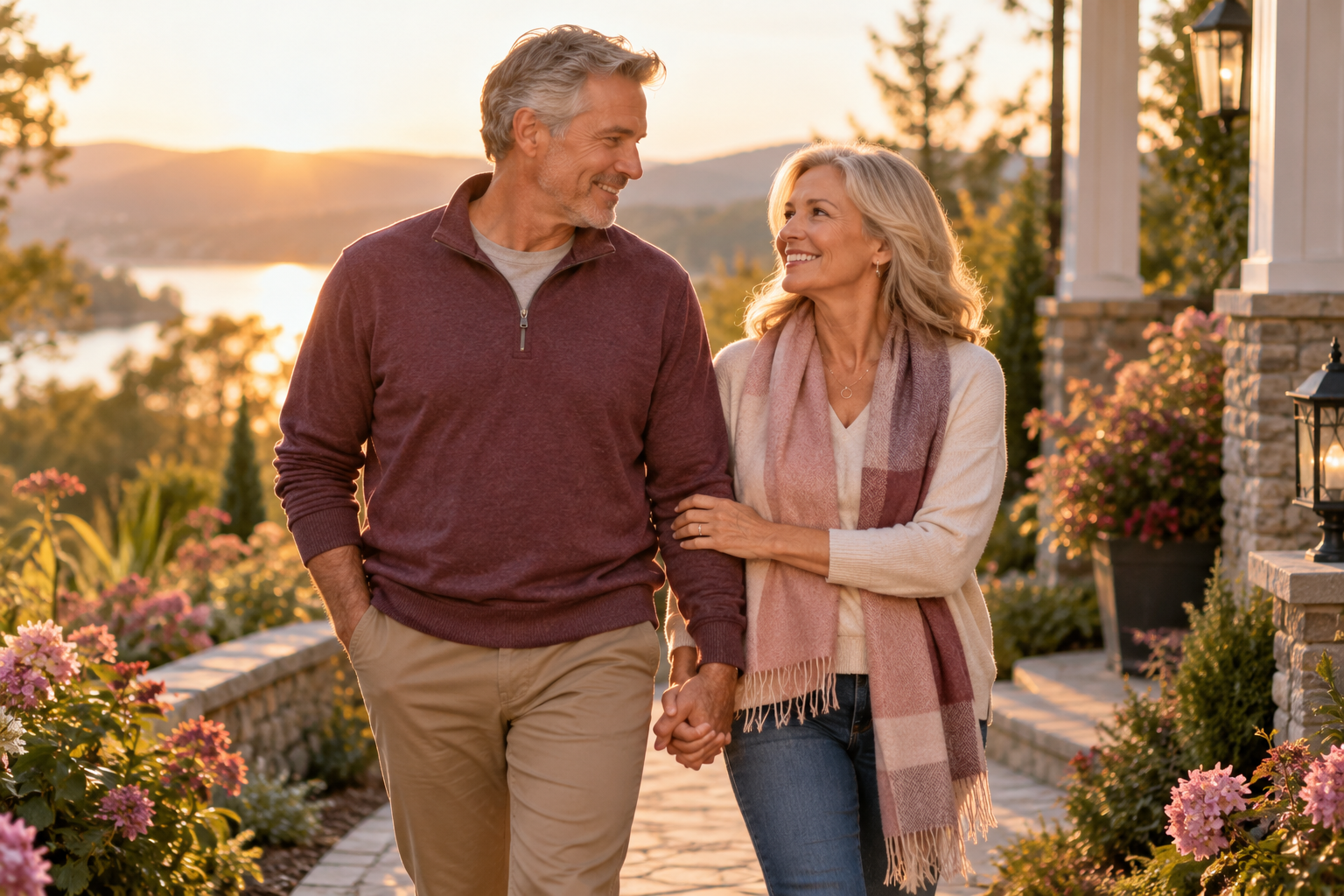 Midlife couple walking together as they embrace a new season of purpose and connection.