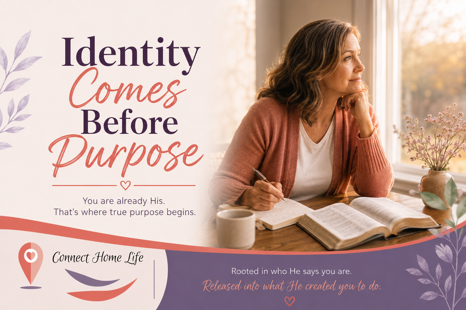 Midlife woman journaling beside an open Bible near a sunlit window, reflecting on identity and purpose.