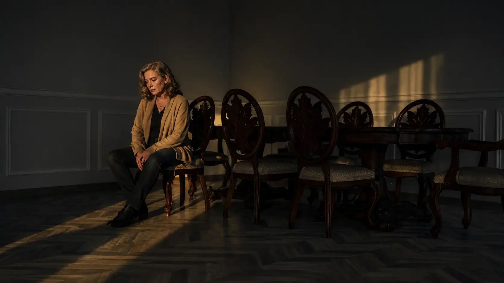 Middle-aged woman sitting alone in a dimly lit dining room, reflecting feelings of isolation, emotional exhaustion, and comparison.