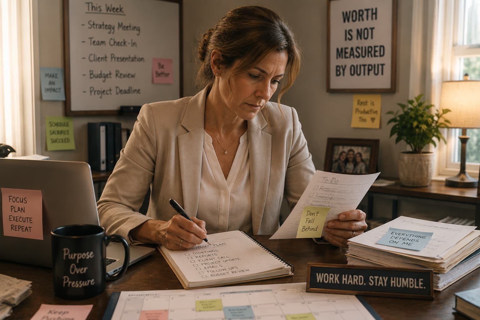 Professional woman working through schedules, lists, and responsibilities while quietly carrying the emotional pressure of performance-based identity.