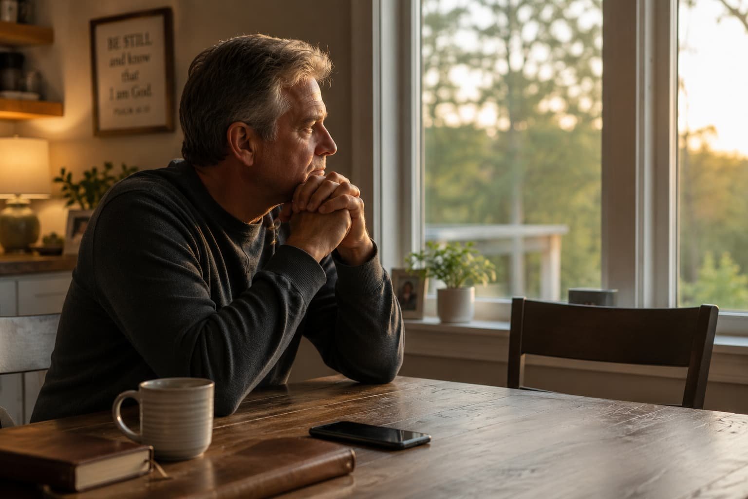 Empty nest parent sitting thoughtfully at a kitchen table reflecting on relationships, trust, and the emotional cost of trying to control outcomes.