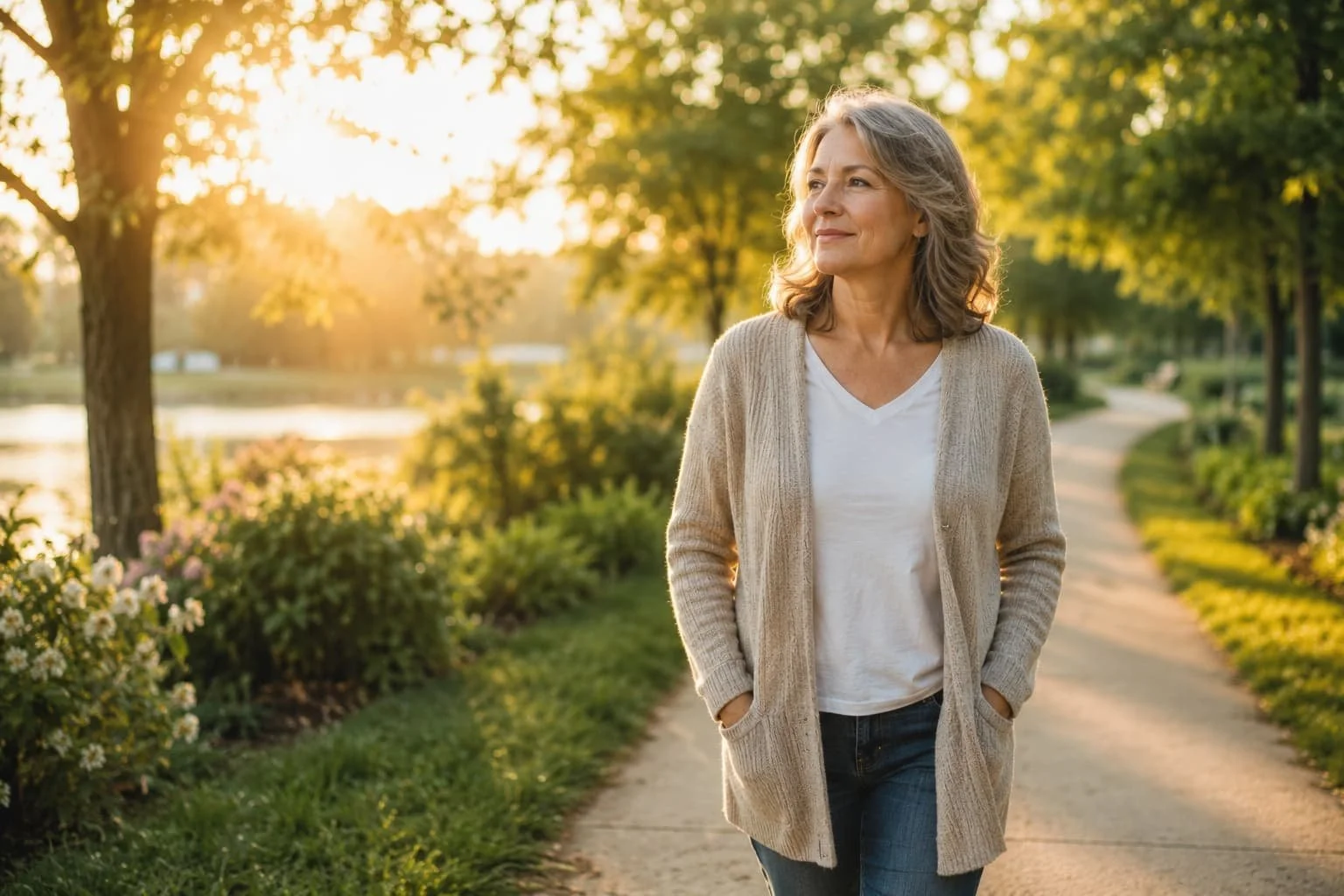 Older woman walking peacefully through soft morning light after a season of emotional exhaustion and people-pleasing during the empty nest season
