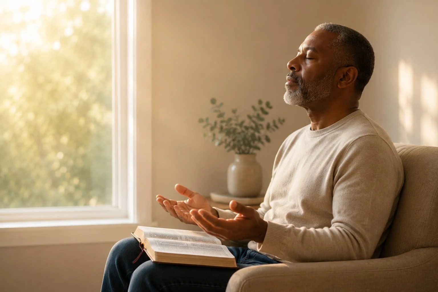 Middle-aged man sits peacefully with an open Bible on his lap and hands open in prayer, resting in God's presence and receiving his identity in Christ.