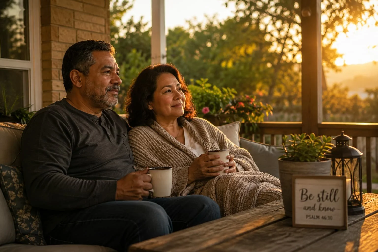 Middle aged couple sitting peacefully together on a porch at sunrise, sharing quiet rest and emotional connection after seasons of carrying life’s burdens alone.