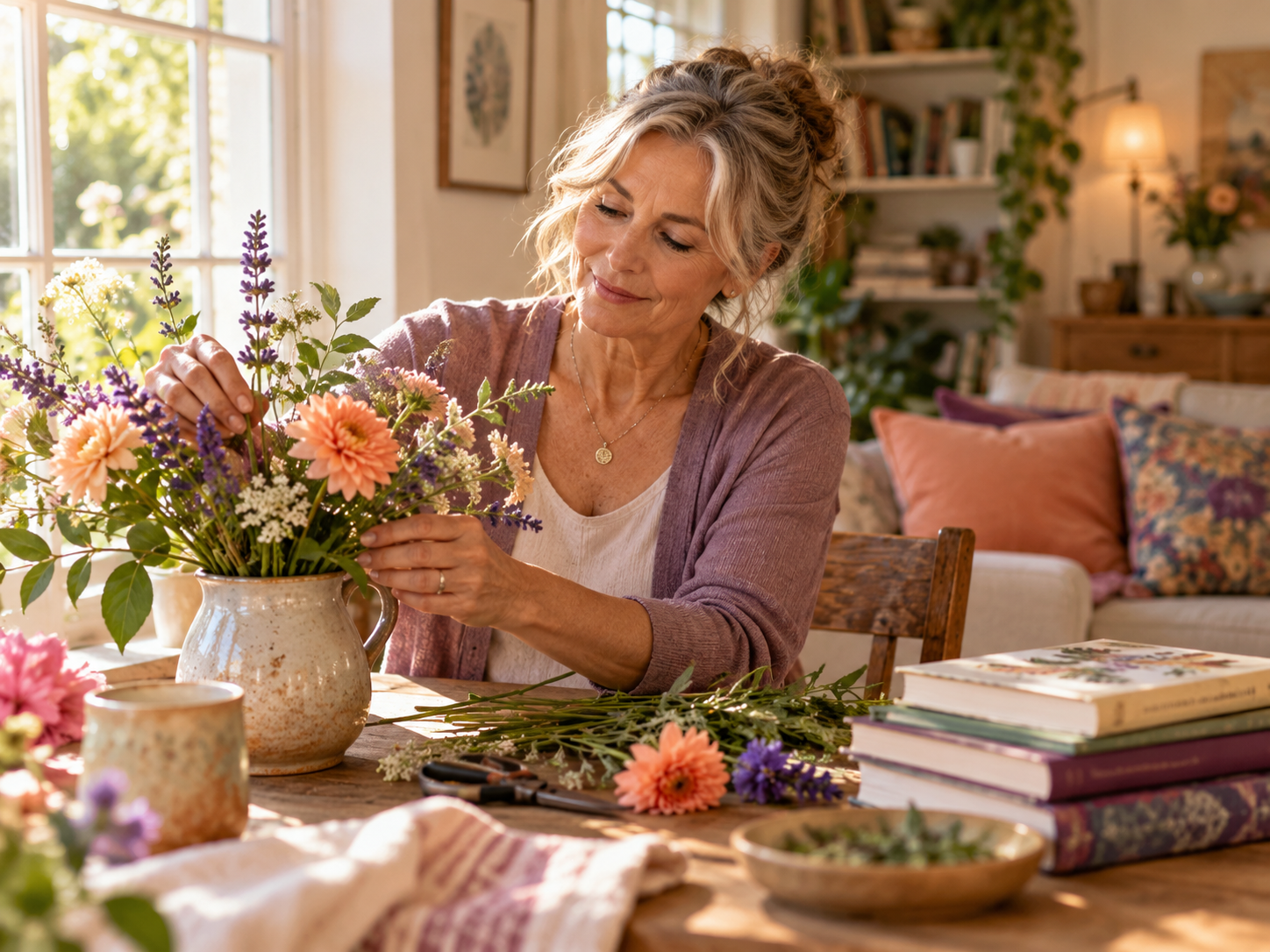 A midlife woman arranging fresh flowers at a wooden table in a warm, sunlit home.