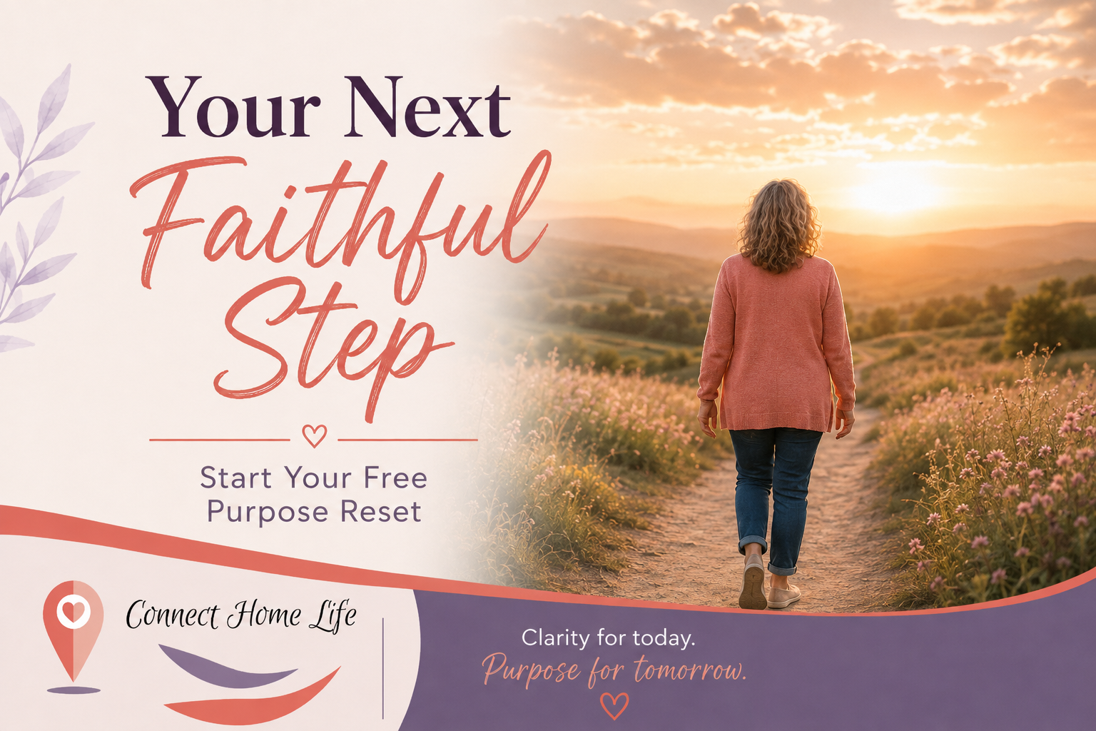 Midlife woman walking along a sunlit path at sunset, symbolizing clarity, purpose, and a faithful next step.