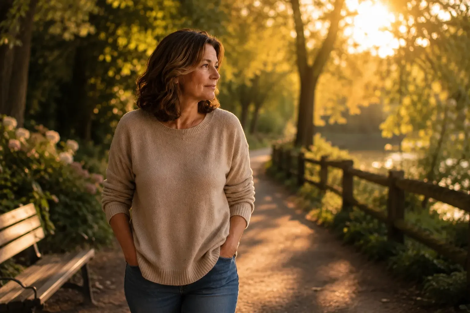 Middle-aged adult walking slowly along a peaceful path in soft morning light, symbolizing healing, renewal, and identity transformation during the empty nest season.