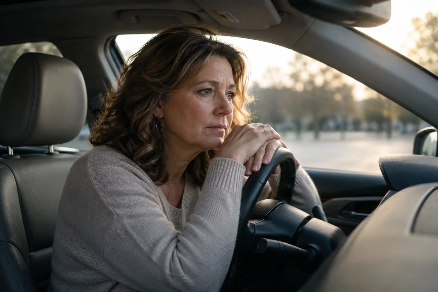 Middle-aged woman sitting quietly in a parked car with hands on the steering wheel, emotionally processing after a difficult interaction during the empty nest season