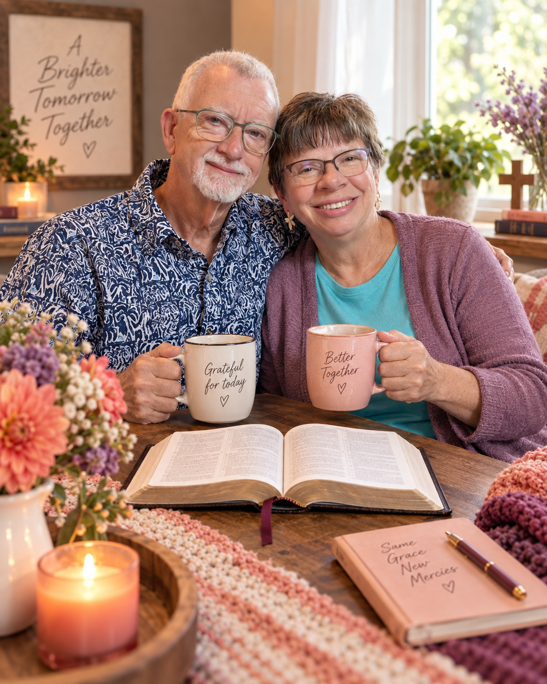 **Alt text:** Beecher and Jo sitting together at a table with coffee, an open Bible, flowers, and warm home accents, reflecting faith, gratitude, marriage, and everyday moments of connection.