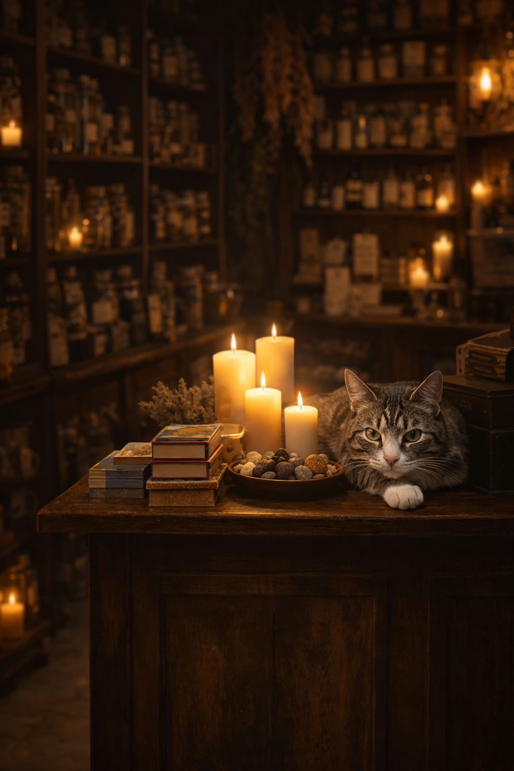 Apothecary-style online store with handmade candles, wooden counter display, and a calm tabby cat in warm candlelight