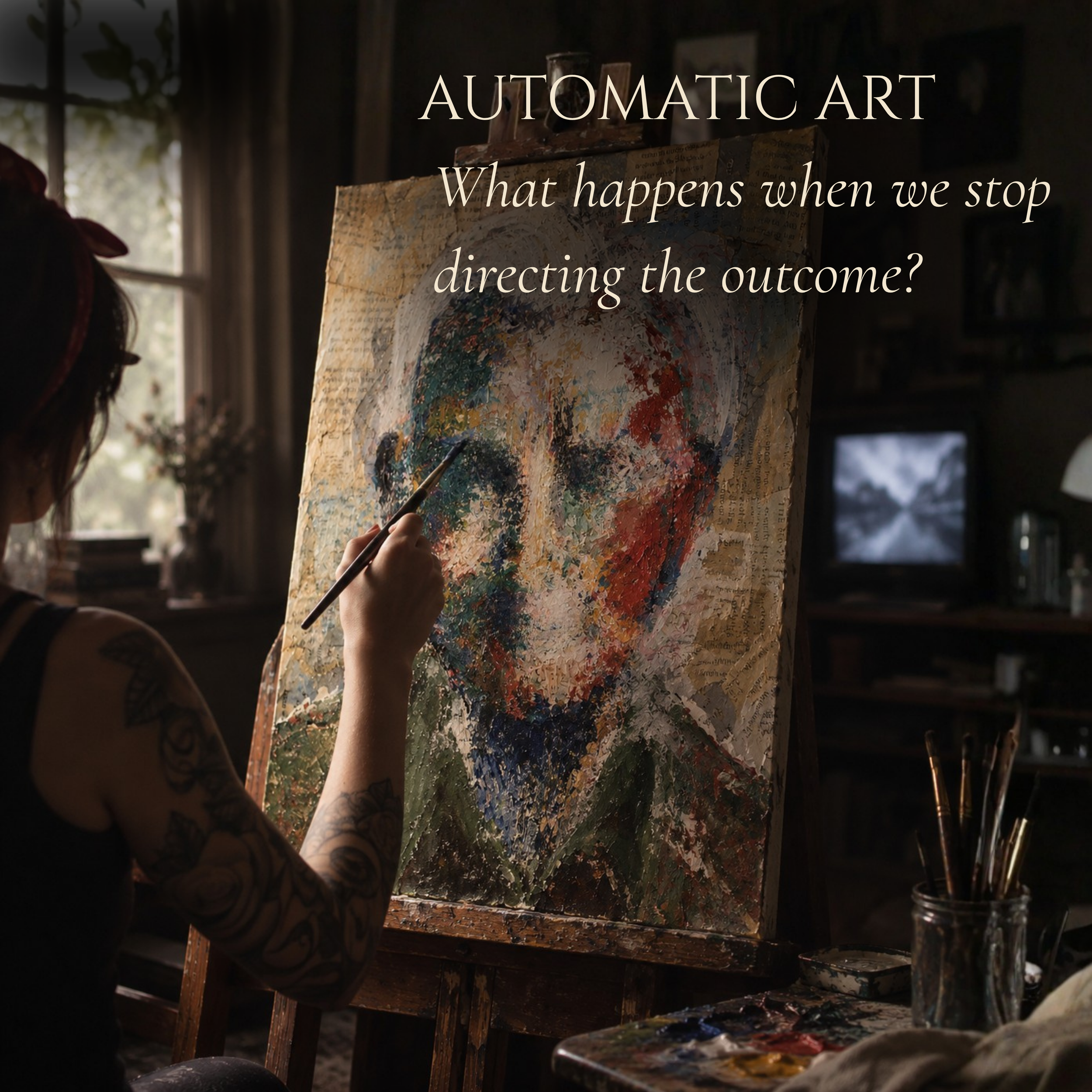 Natalie creating an Automatic Art painting during an immersive creative process, illustrating Ashley Wong's Automatic Art workshop in Annapolis Royal, Nova Scotia.