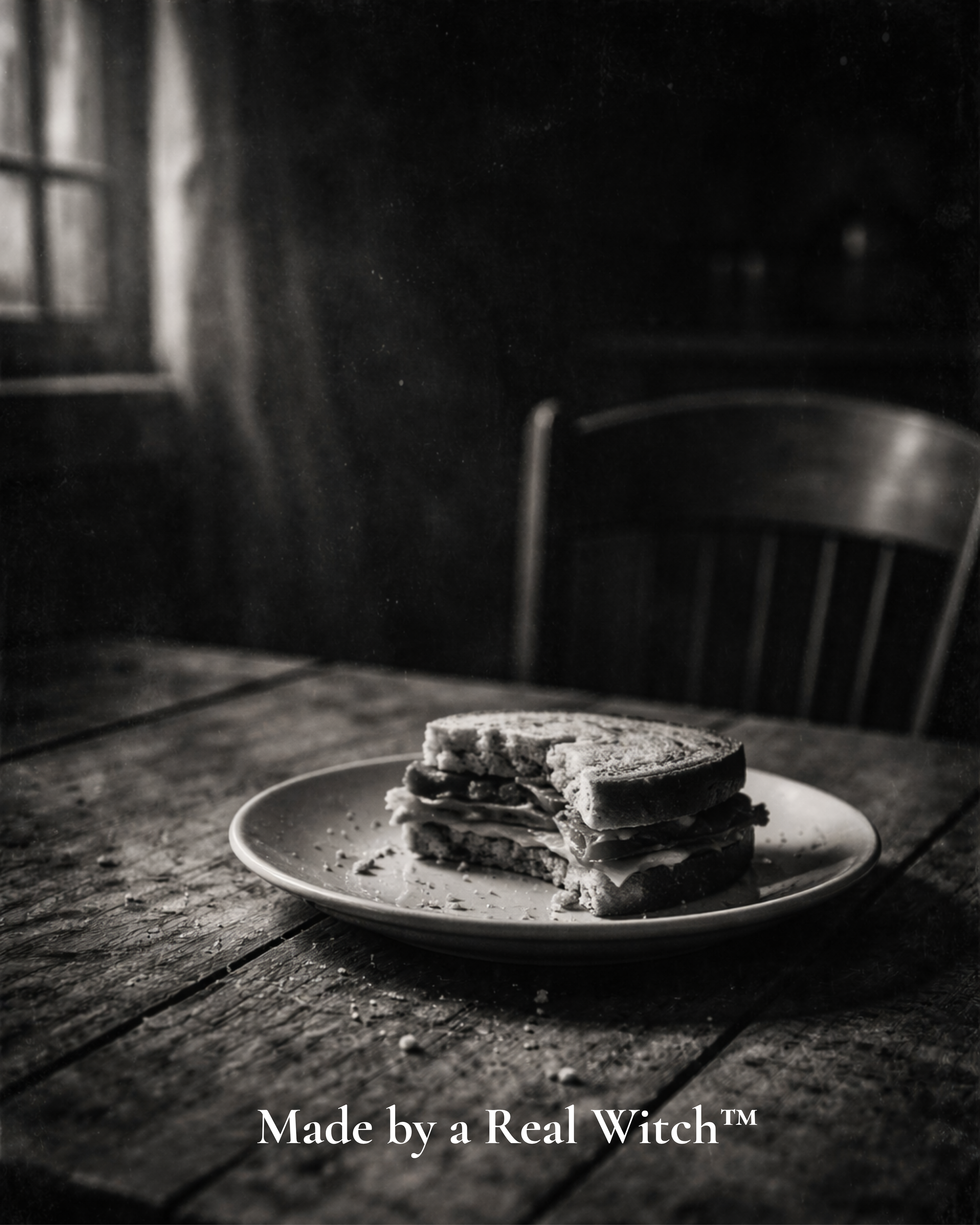 Half eaten sandwich on plate with crumbs abandoned on wooden table black and white