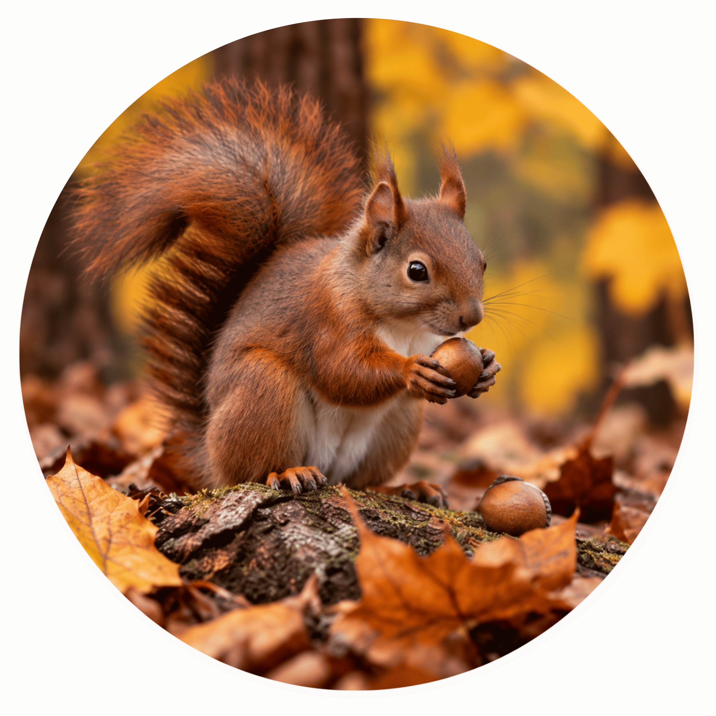 A red squirrel gathers acorns from the forest floor in preparation for winter.