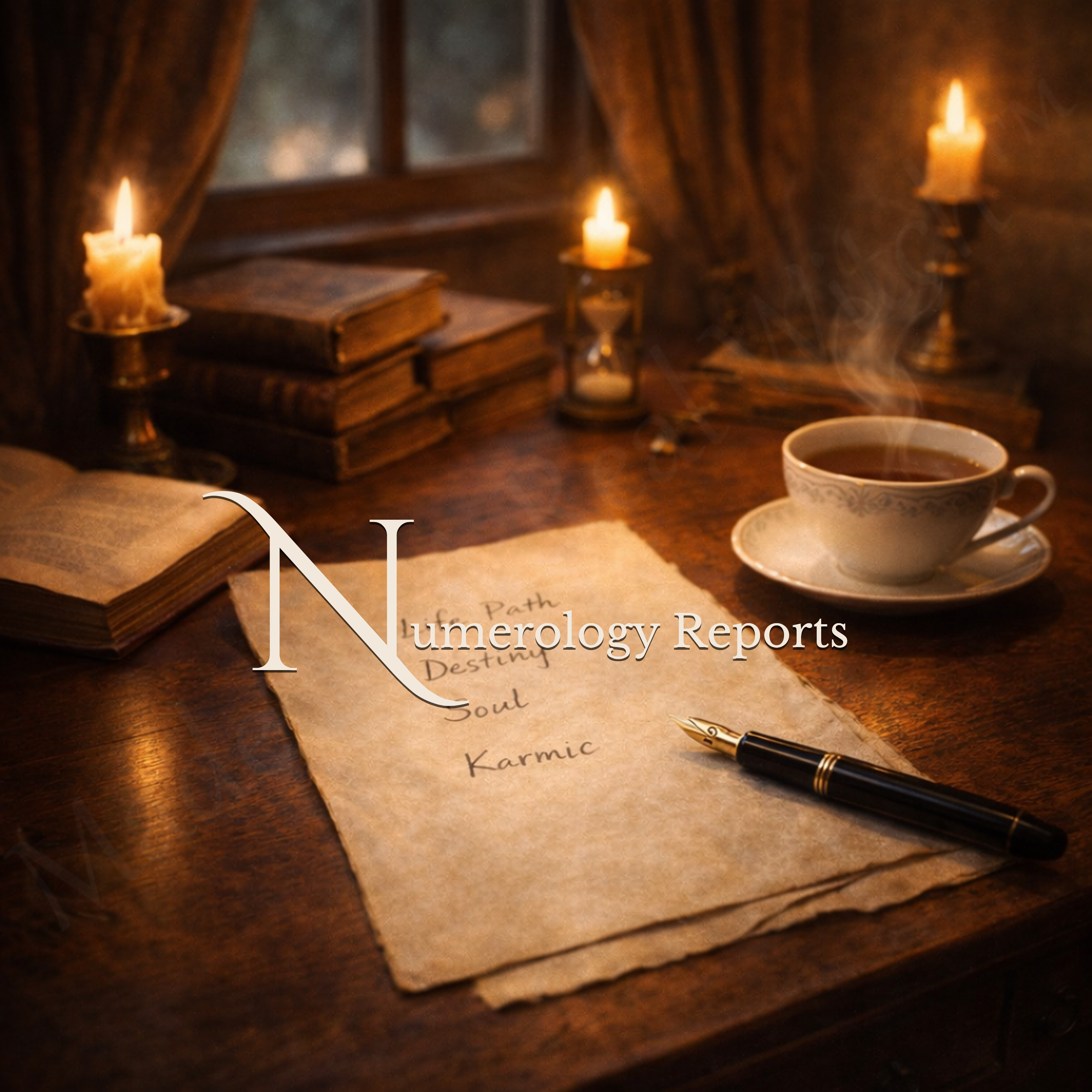 Numerology reports showing life path, destiny, soul, and karmic numbers in a candlelit setting with books and writing tools