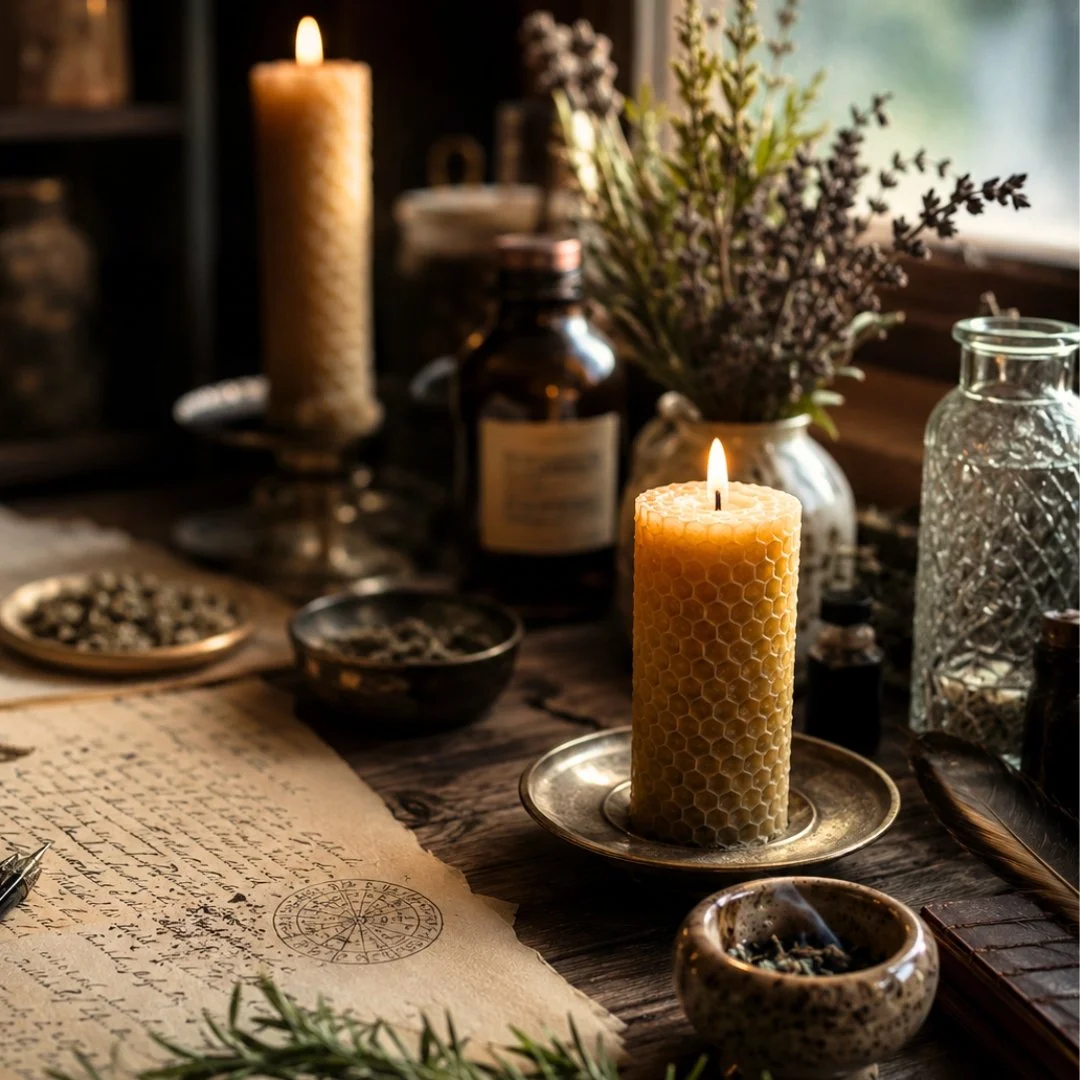 Beautiful, apothecary ritual space featuring handcrafted beeswax candles, loose incense blends, dried herbs, and handwritten notes written on parchment paper, neatly arranged on a weathered wood table in front of a window.