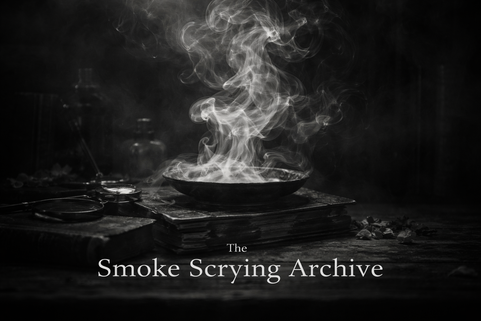 Black and white smoke scrying image showing drifting smoke patterns in a dark atmospheric setting
