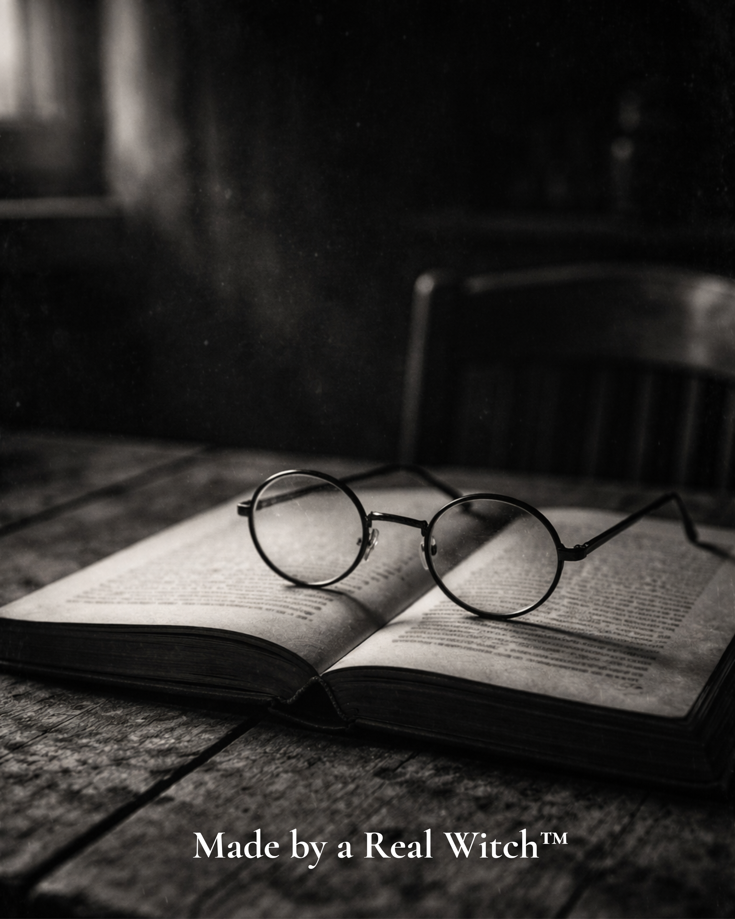 Vintage round spectacles on papers under dramatic lighting black and white cinematic