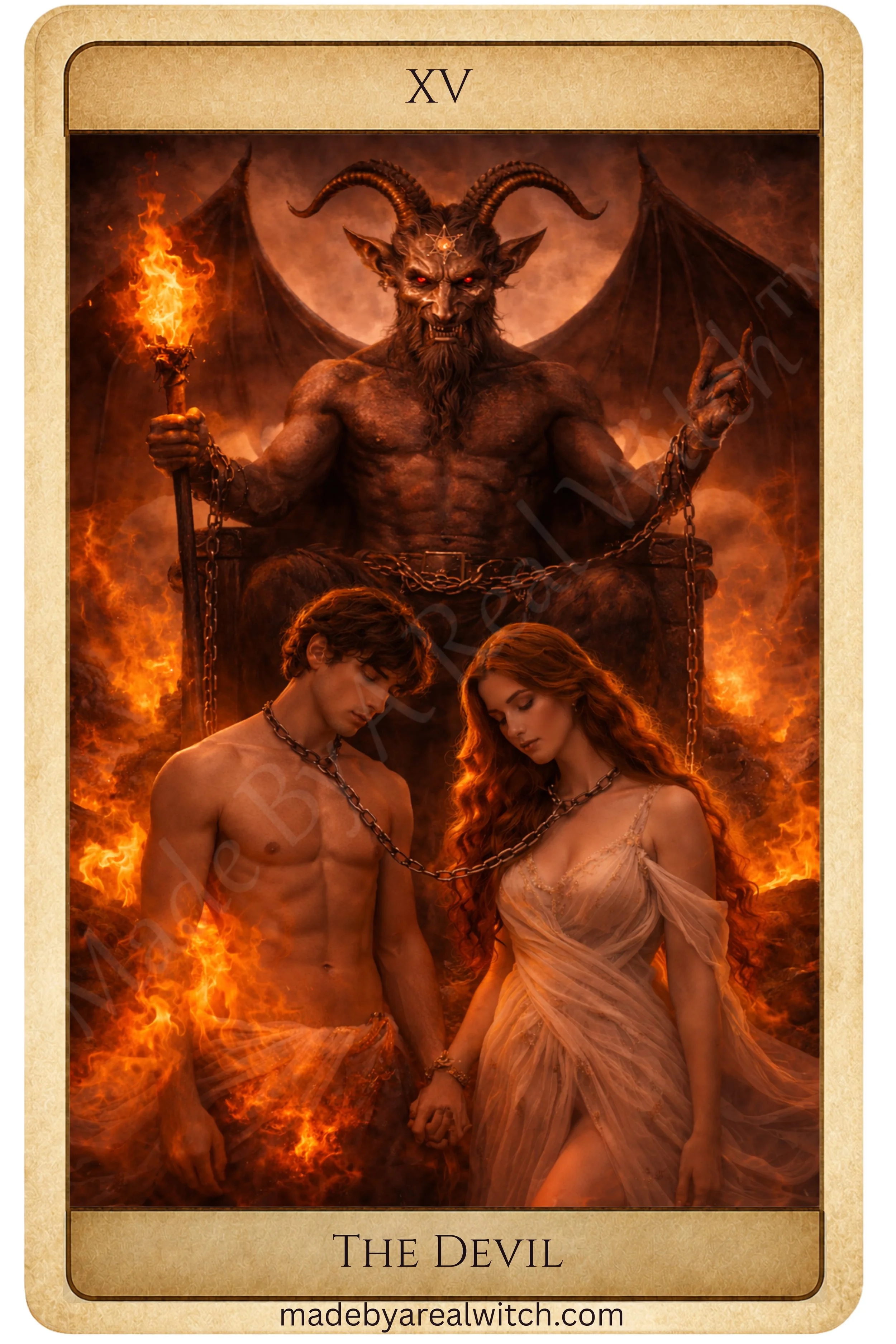 Man and woman bound by chains within the depths of Hell with the devil behind them reigning control amidst an inferno.