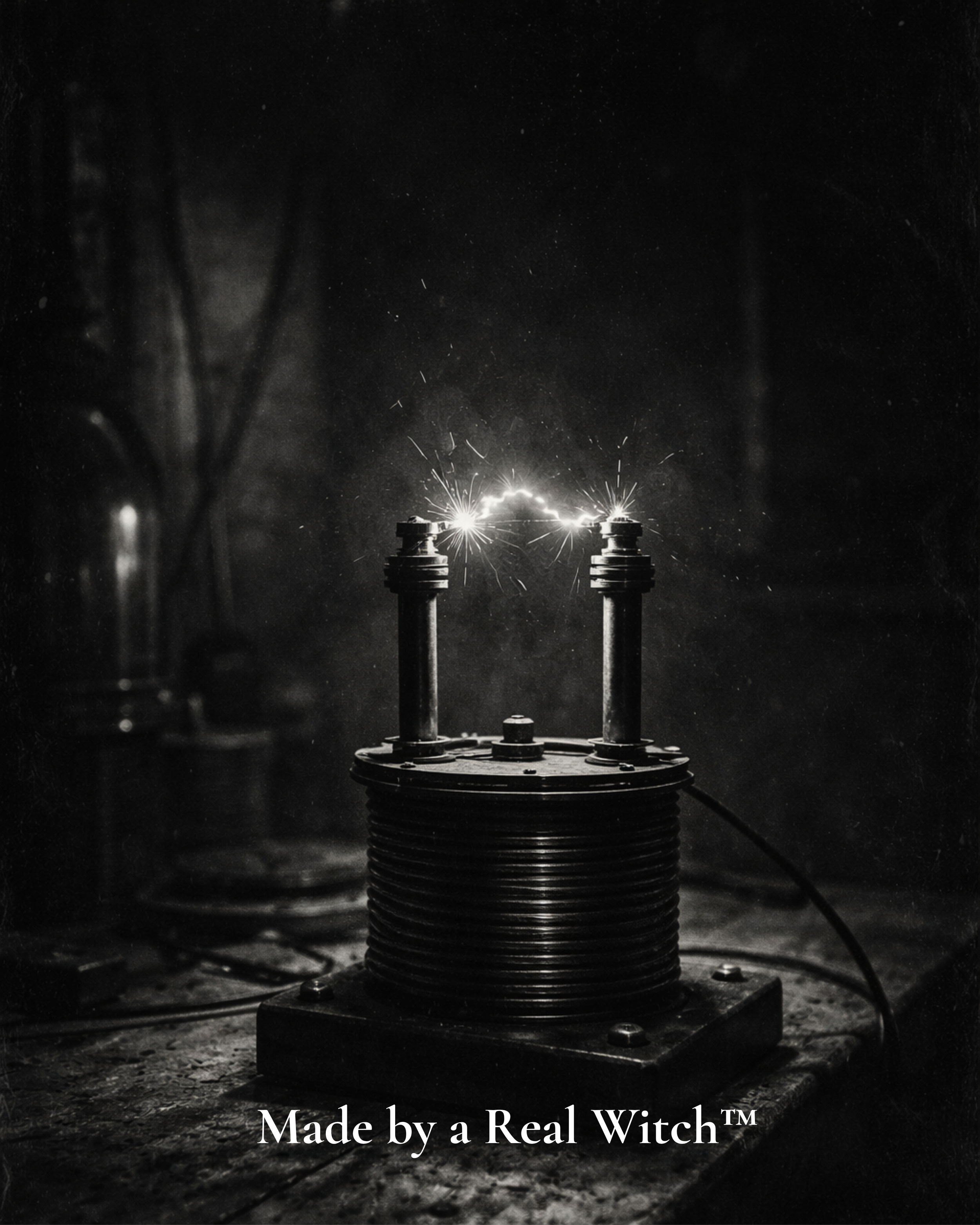 Vintage sparking electrical coil in dark room black and white cinematic style
