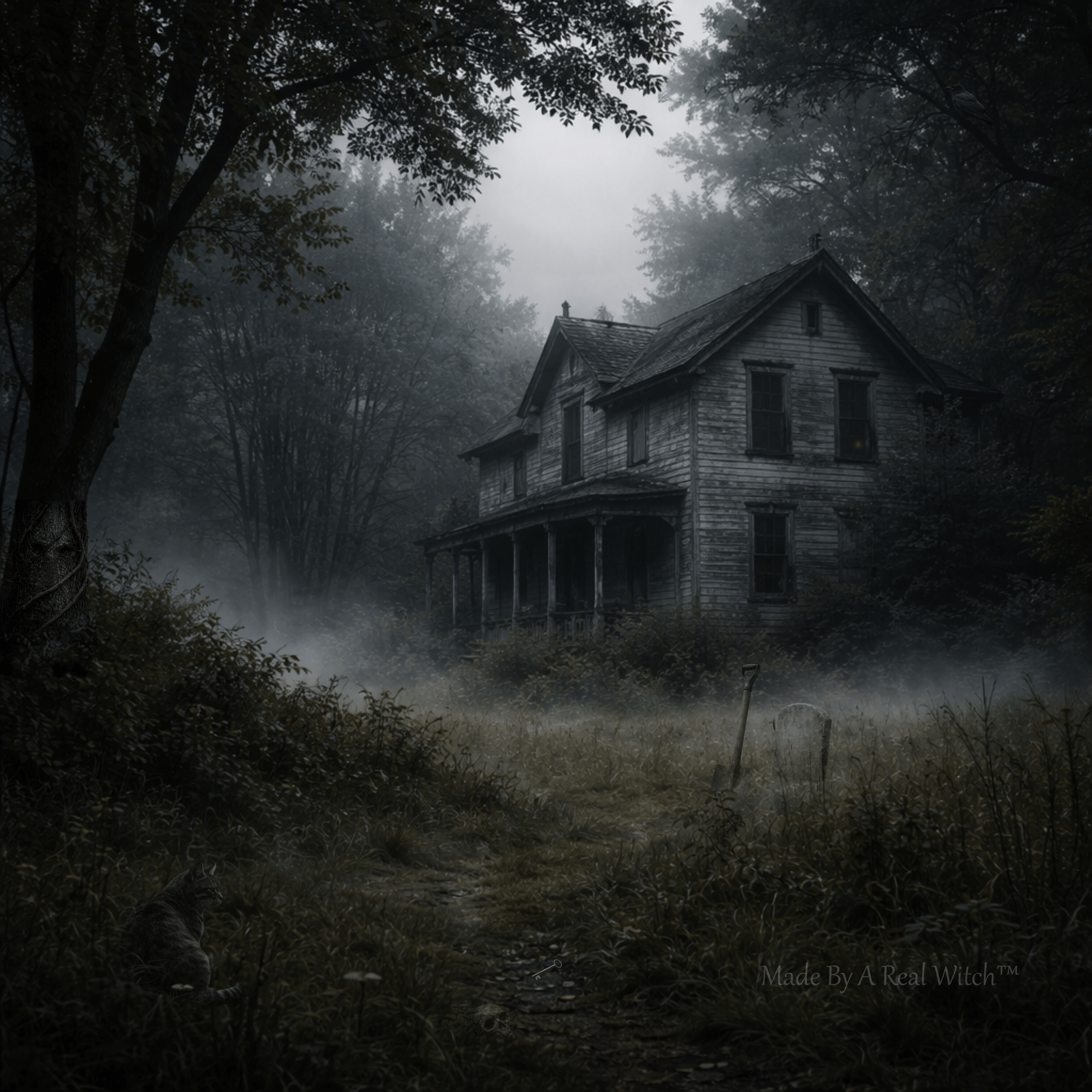 Hidden object game image of an abandoned house with 8 hidden objects to find including a cat, key, shovel, crow and more