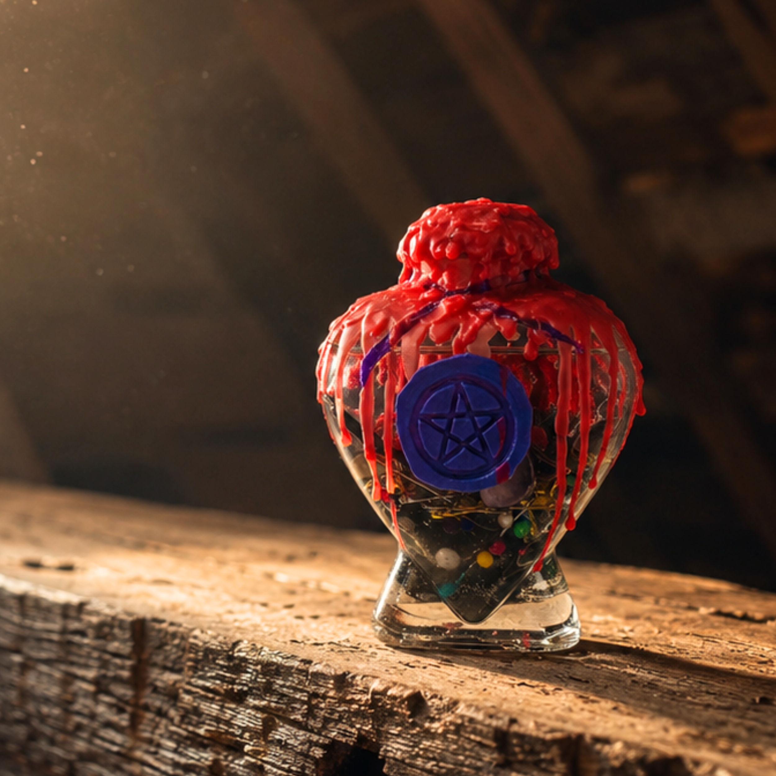 handcrafted witches protection bottle sealed with red wax and a purple pentacle seal resting on an old wood beam in a heritage home's attic.