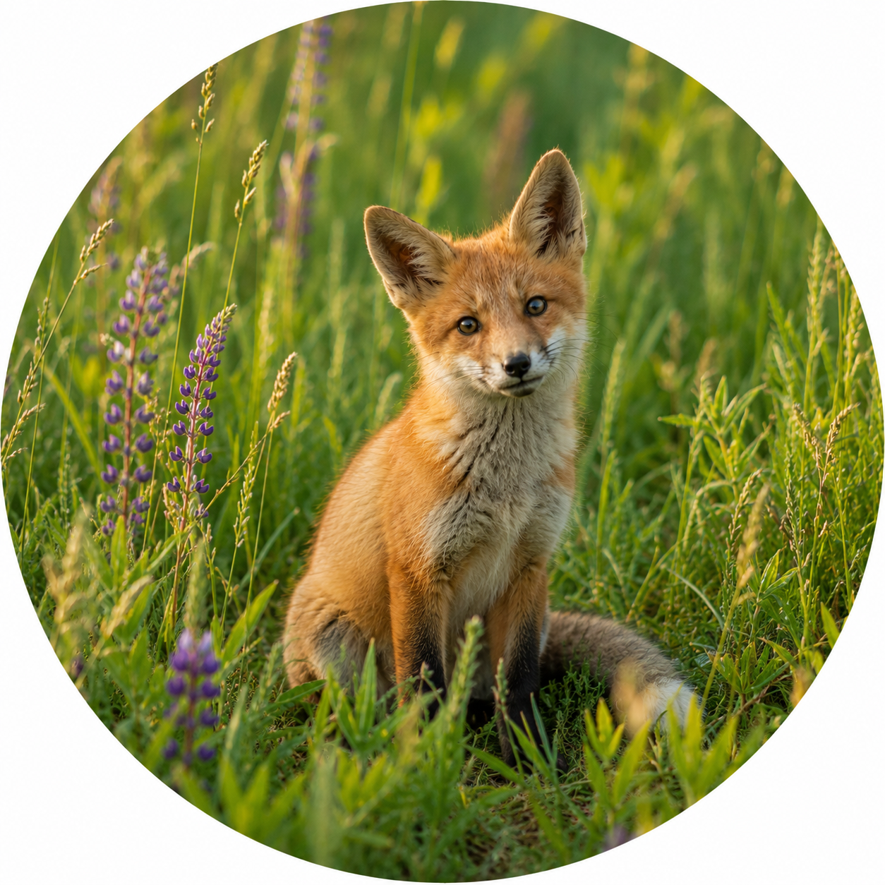 A young fox sitting in tall summer grass, representing The Animal Path in the Whispers of the Wild series created by Made by a Real Witch™..