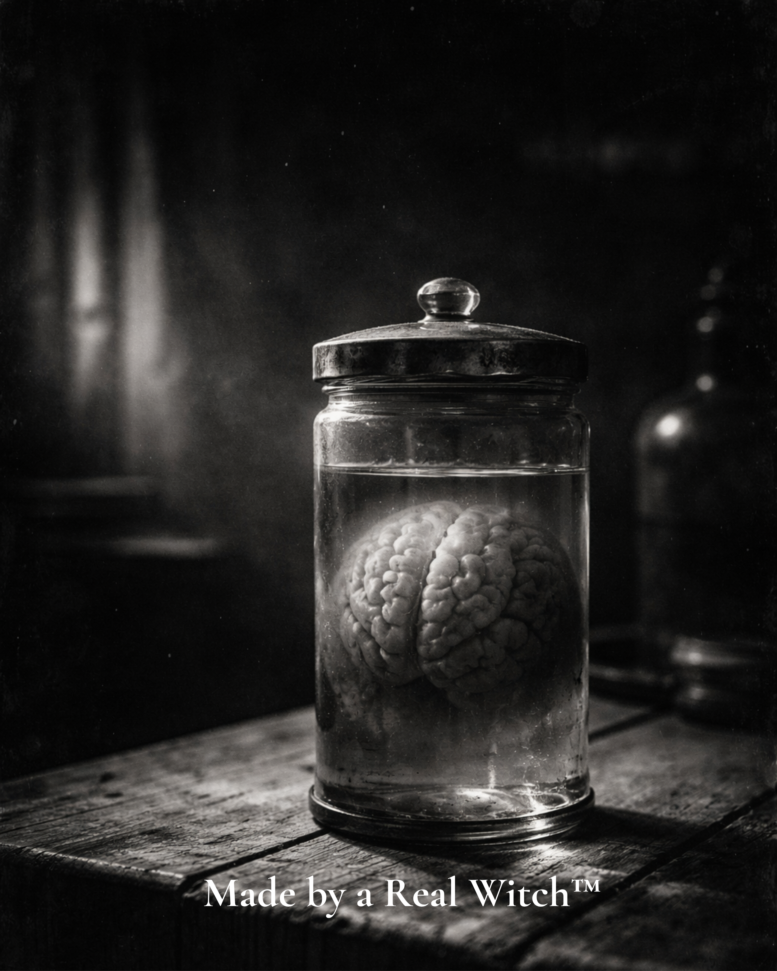 Glass specimen jar with preserved brain in black and white cinematic lighting