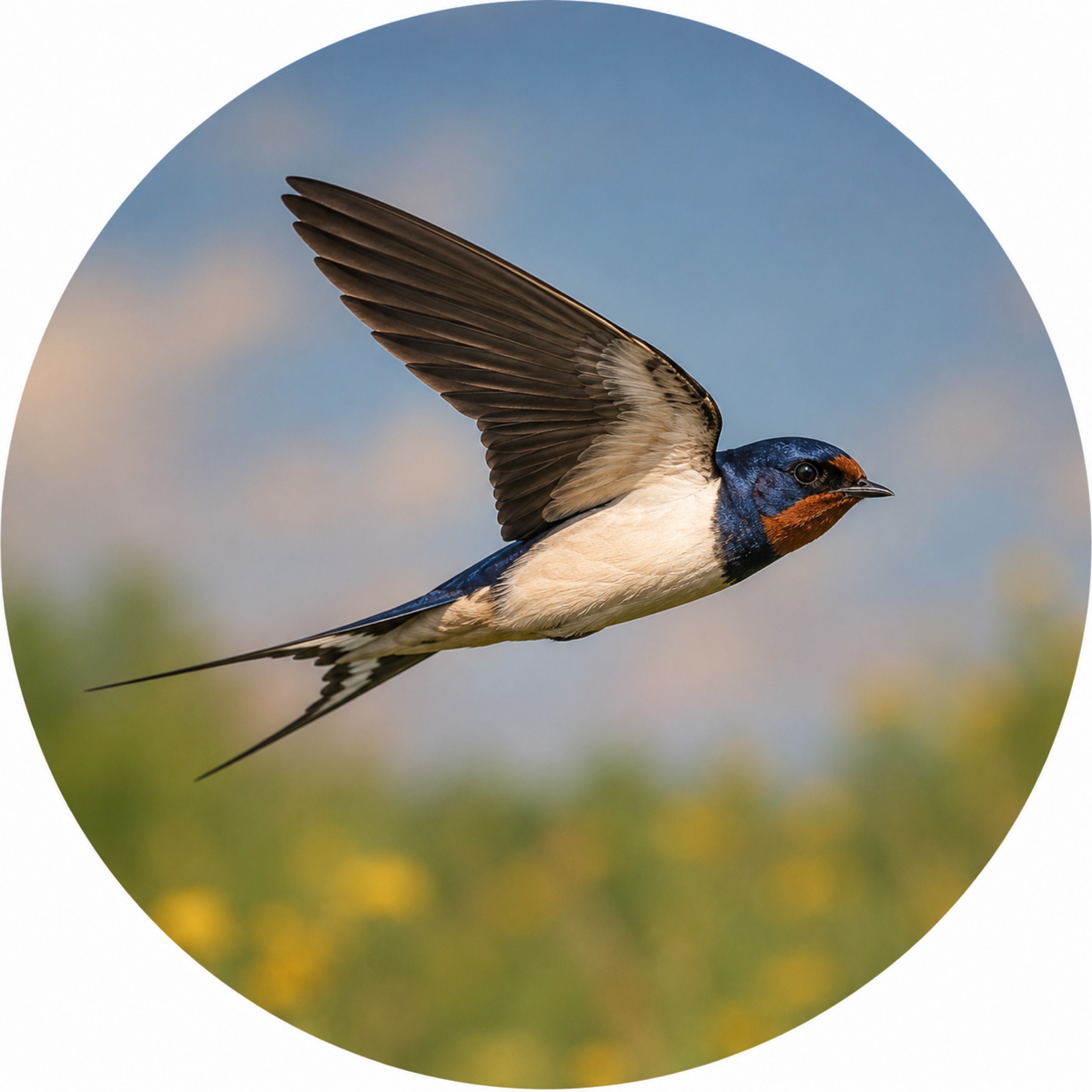 A swallow in flight over a summer landscape, symbolizing adaptability, movement, and changing course.