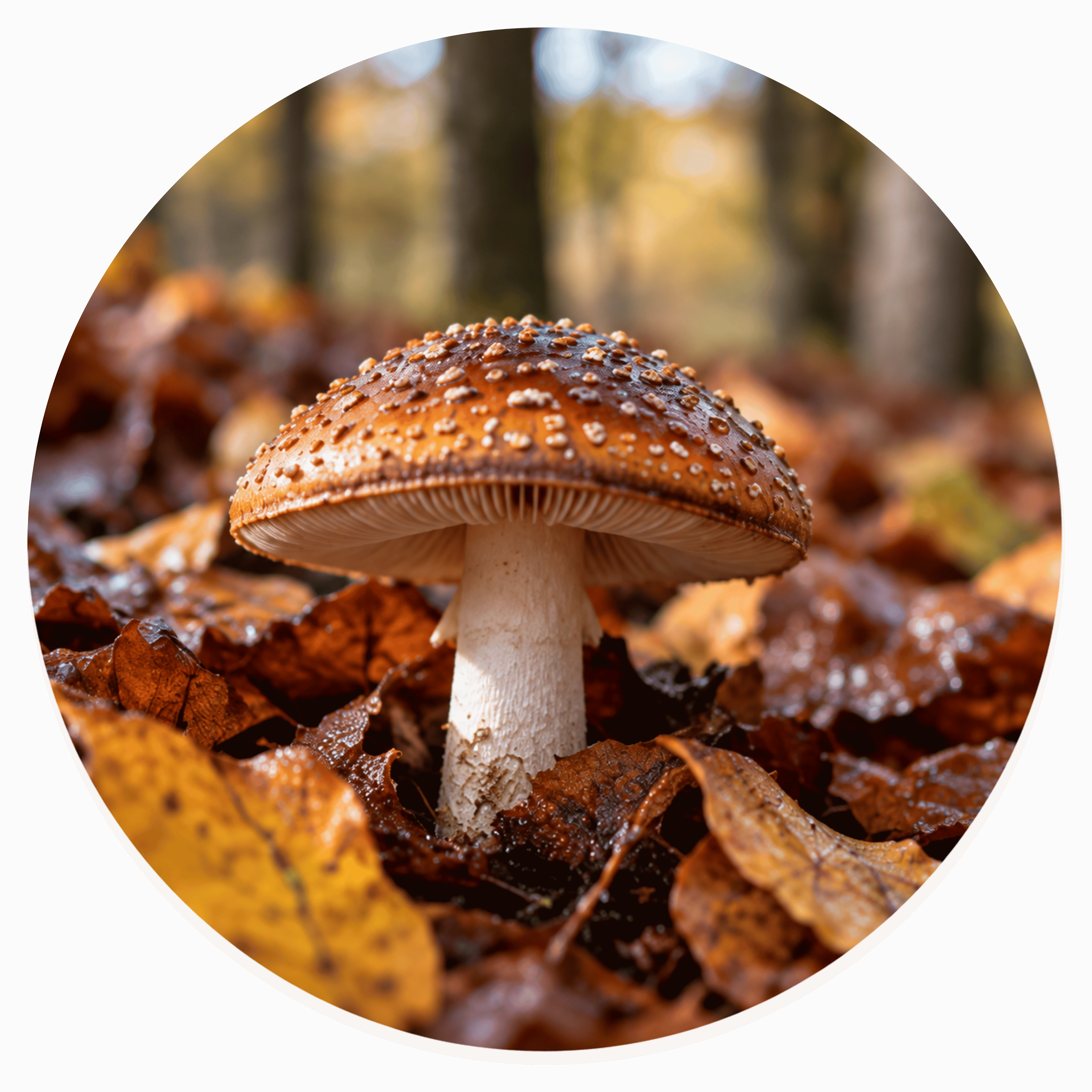 A single wild mushroom grows through fallen autumn leaves on the forest floor.