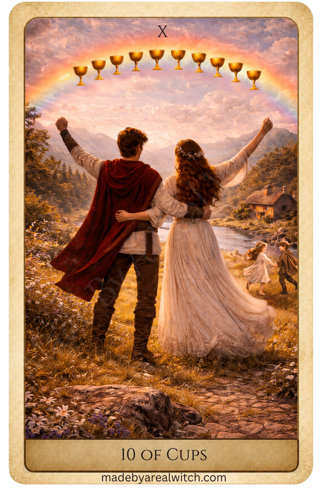 Happy young couple dressed in regal medieval clothing stand united while overlooking the lush valley they call home with their children playing in a field near a river bank.